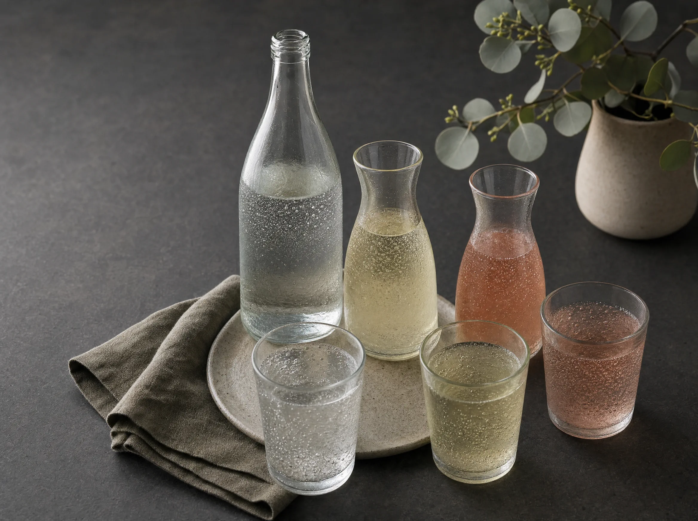 Mineralwasser, Apfel- und Rhabarberschorle in schlichten Flaschen, Karaffen und Gläsern.