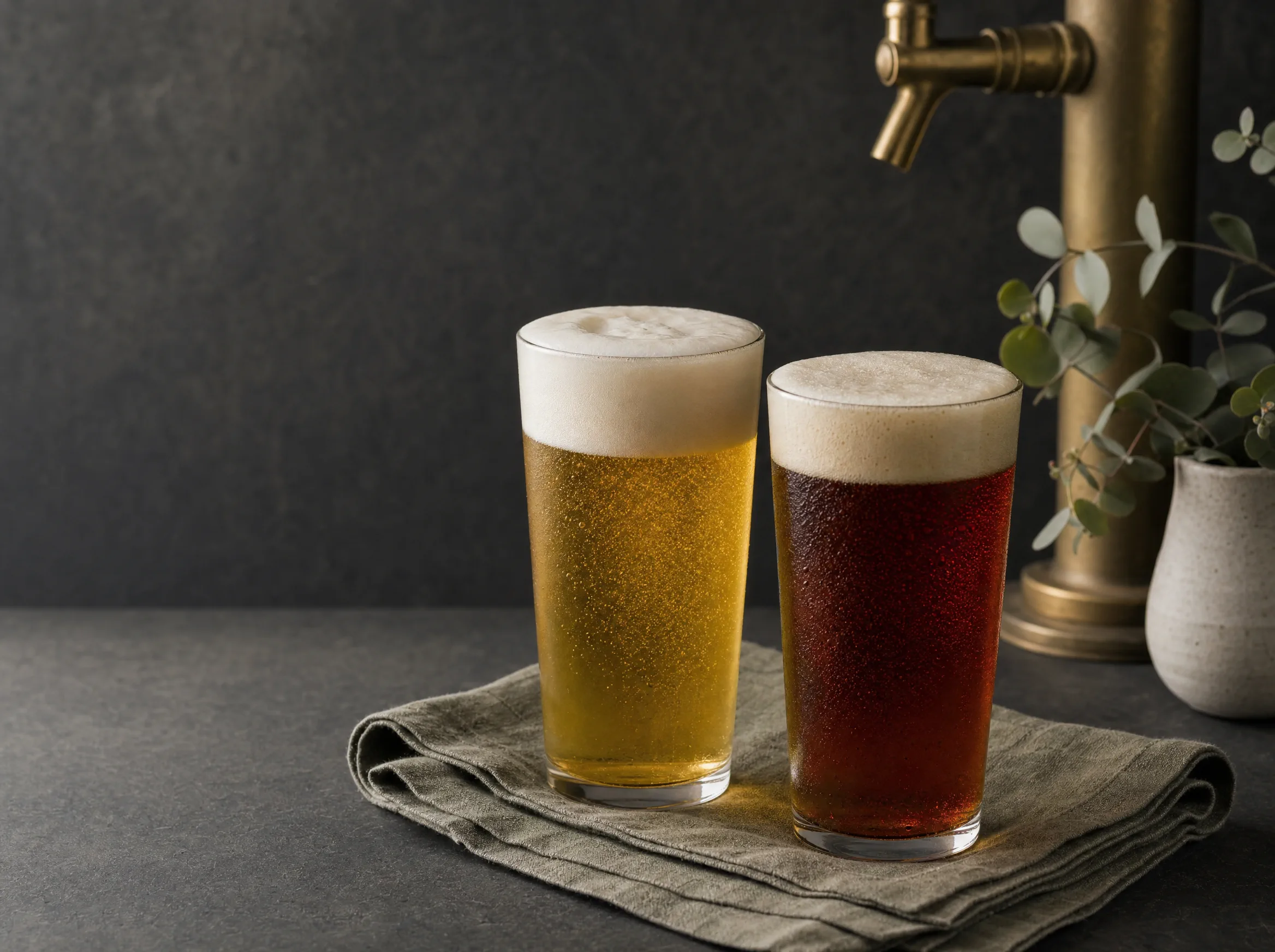Ein frisch gezapftes helles Pils und ein rubinfarbenes Bier in neutralen Gläsern.