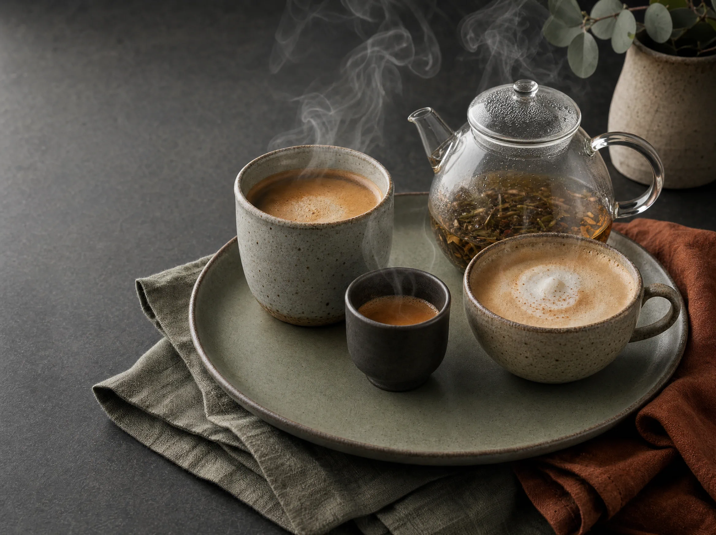 Café Crema, Espresso, Cappuccino und Tee in schlichten Tassen und einer Glaskanne.