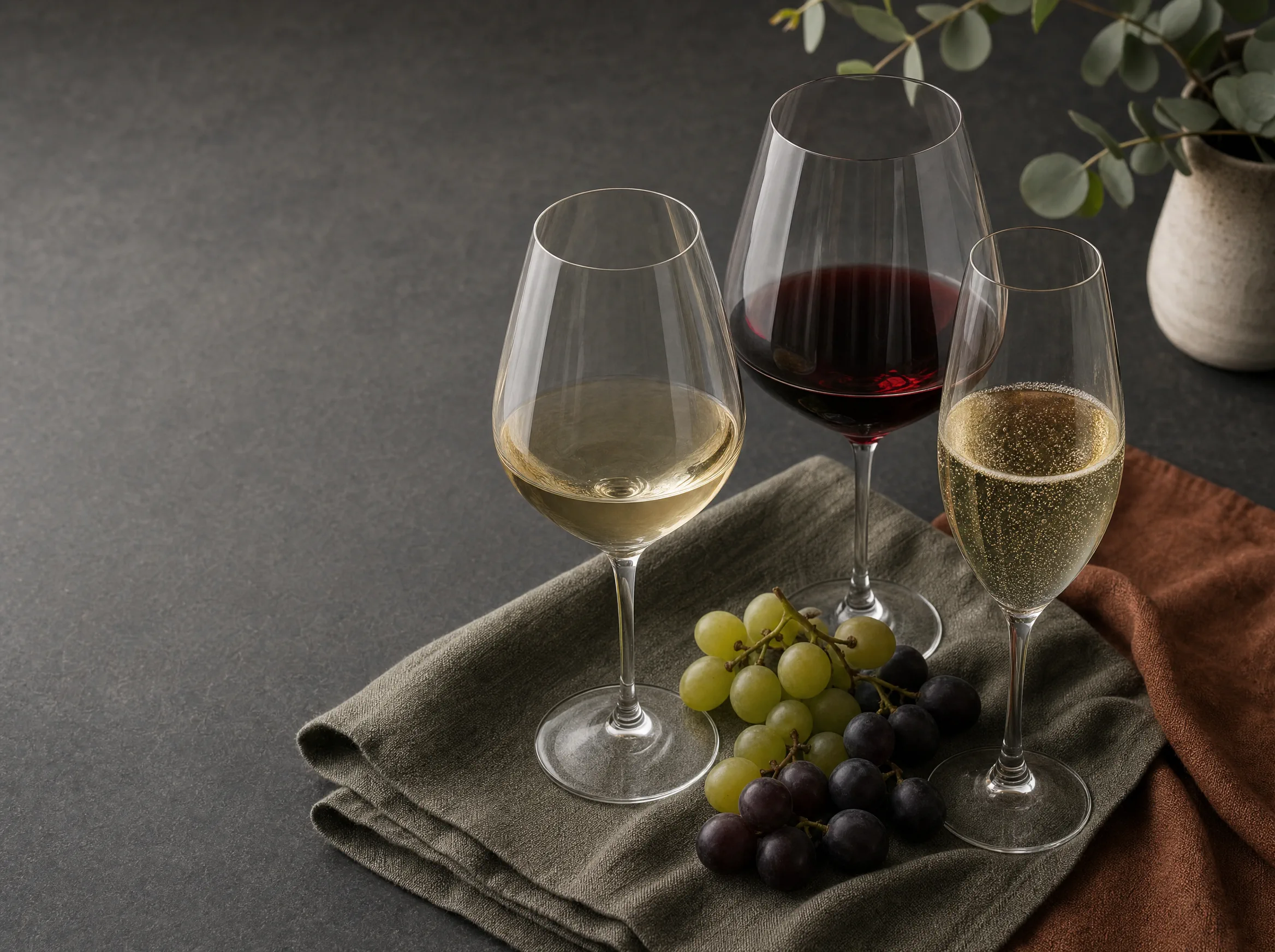 Gläser mit Weißwein, Rotwein und feinperligem Schaumwein neben hellen und dunklen Trauben.