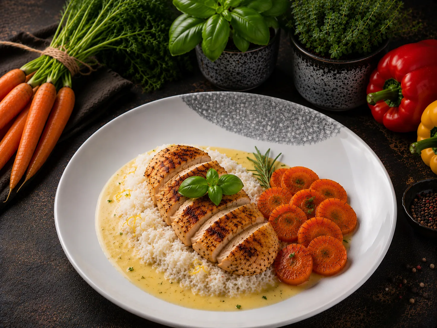 Gebratenes Pollo Fino auf Kräuterreis mit glasierten Möhren.