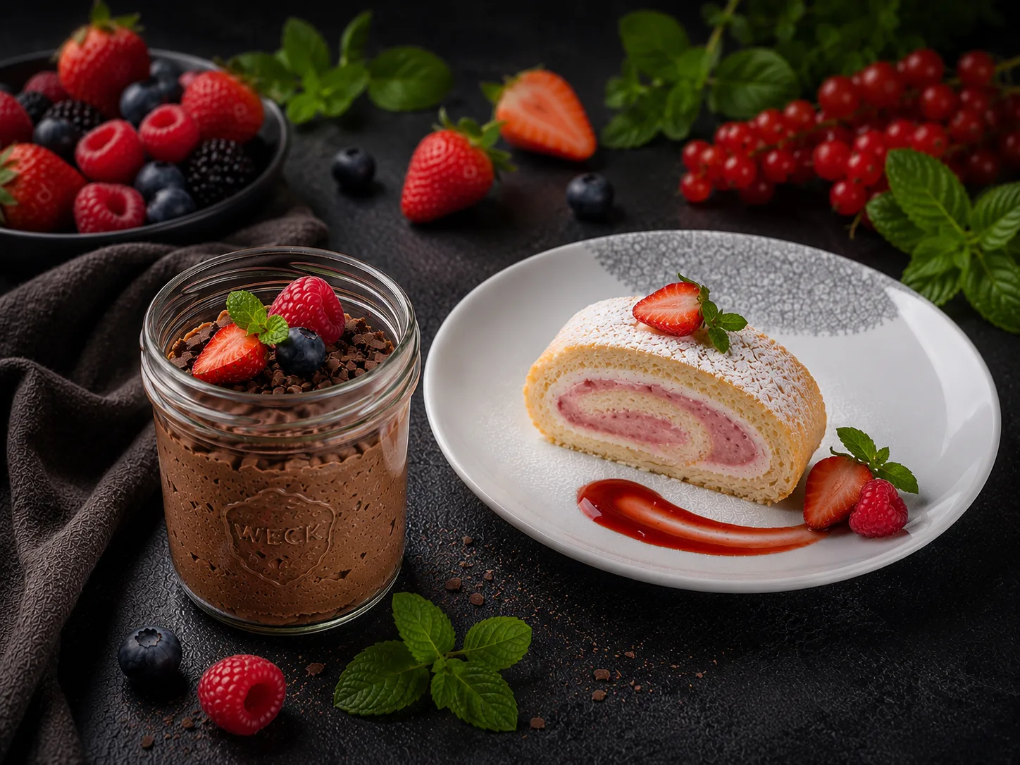 Scheiben einer hellen Biskuitrolle mit sommerlicher Beerenfüllung und frischen Beeren.