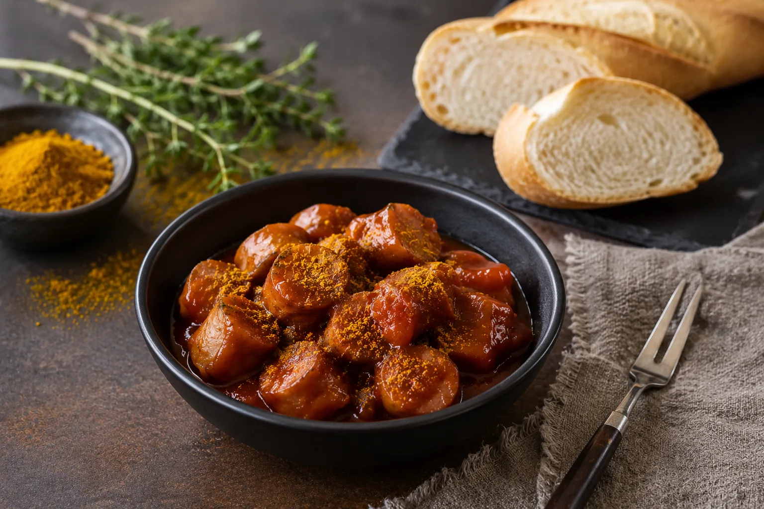 Currywurst in würziger Sauce mit Scheiben von frischem Baguette.
